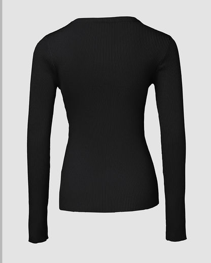 Crewneck Half Zipper Flap Detail Knit Sweater Long Sleeve Slim Fit Ribbed Pullover Top