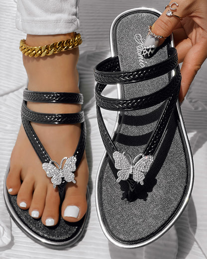 Butterfly Pattern Rhinestone Toe Post Flip Flops