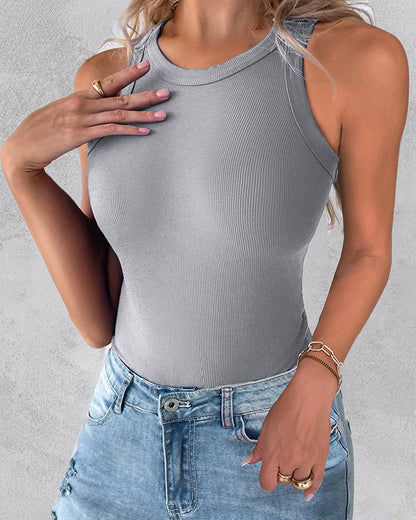 2-Pack Round Neck Thick Strap Racerback Ribbed Tank Slim Fit Tops without Bra Pads