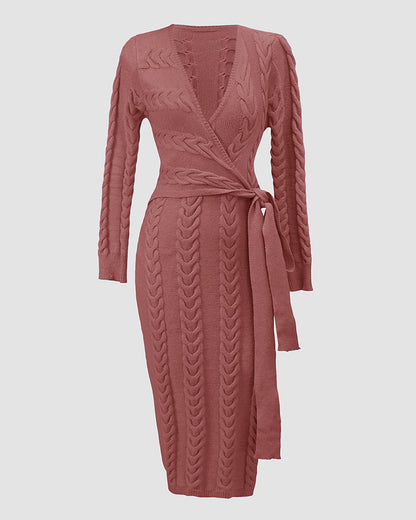 Cable Textured Overlap Deep V Neck Long Sleeve Mid Length Dress Tie Waist Slim Fit Knit Dress