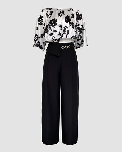 2 Pieces Outfit Floral Print Round Neck Bell Sleeve Satin Top and High Waist Wide Leg Work Pants Set