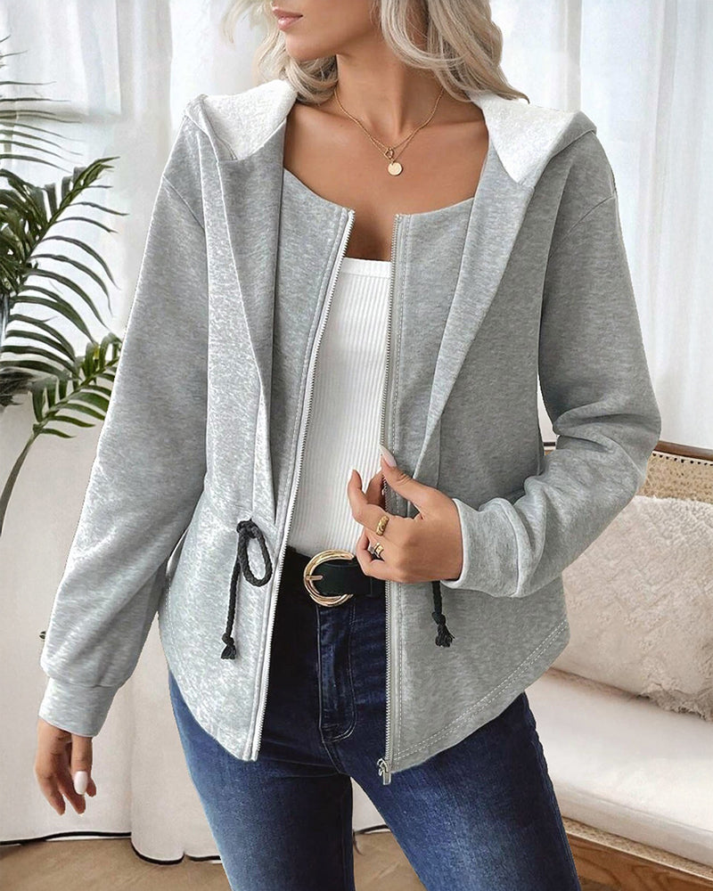 Zip Up Waist Drawstring Asymmetrical Hem Hoodie Jacket Casual Drop Shoulder Cinched Waist Coat