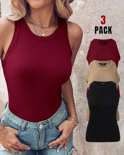 3 Pack Knit Round Neck Thick Strap Racerback Tank Tops(Without Pads)
