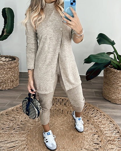 2 Pieces Outfit Mock Neck Long Sleeve Button Decor Slit Mid-Length Top and Stretchy Drawstring High Waist Slim Fit Pants Set