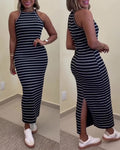 Women's Striped Halter Maxi Dress Sleeveless Ribbed Knit Dress Elegant Back Slit Slim Fit Casual Sundress