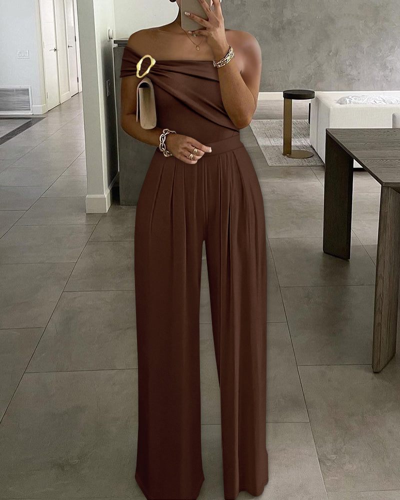 Cold Shoulder Ruched Buckle Wide Leg Jumpsuit