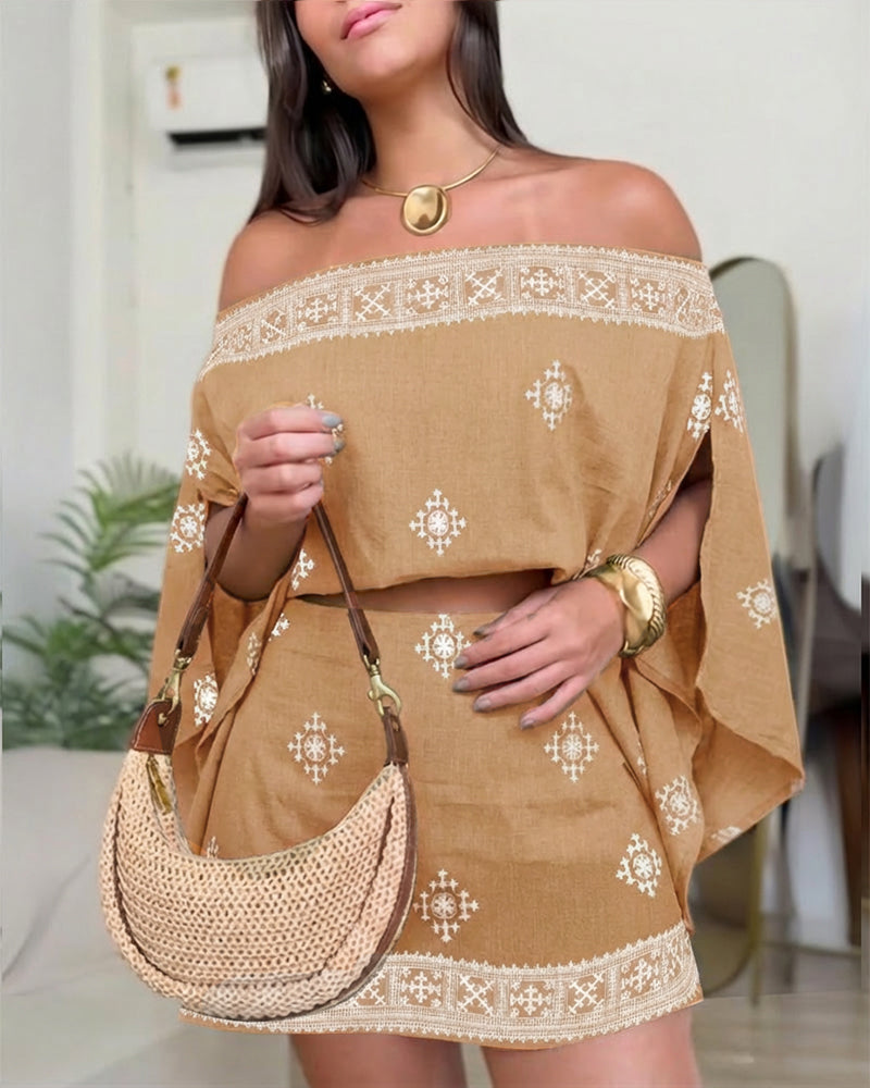 3 Pieces Outfit Boho Off Shoulder Split Sleeve Convertible Shoulder Top and Elastic Back Waist Skorts Set Casual Vintage Tribal Print Vacation Set with Bandeau