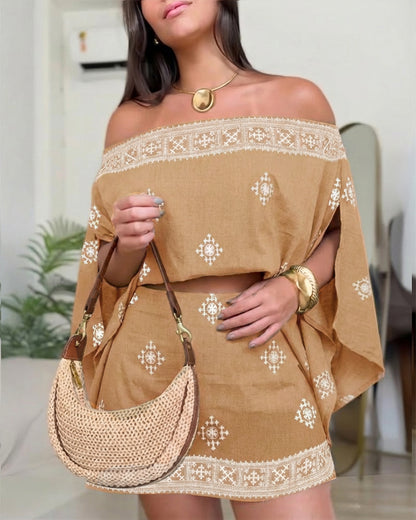 3 Pieces Outfit Boho Off Shoulder Split Sleeve Convertible Shoulder Top and Elastic Back Waist Skorts Set Casual Vintage Tribal Print Vacation Set with Bandeau