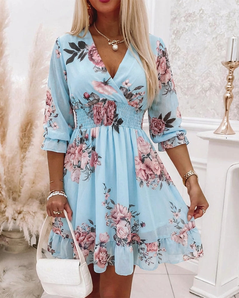 Floral Print Overlap V Neck Three Quarters Sleeve Shirred Waist Ruffle Hem Dress Casual Cinched Waist Flared Cuffs Chiffon Vacation Dress with Lining