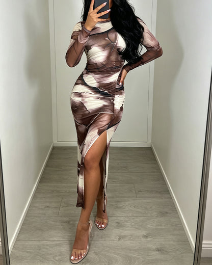 Women's Tie Dye Print Long Sleeve Ruched Midi Dress High Slit Bodycon Party Dress