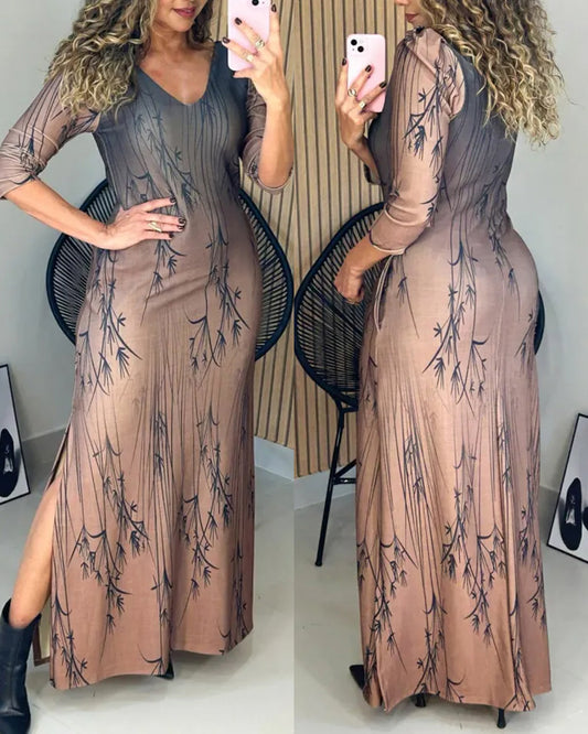 Ombre & Plants Print V-Neck Three Quarters Sleeve Side Slit Vacation Dress