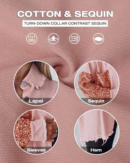Casual Jacket Sequin Patchwork Long Sleeve Jacket Top Button Front Raw Hem Oversized Denim Shacket
