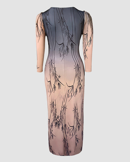 Ombre & Plants Print V-Neck Three Quarters Sleeve Side Slit Vacation Dress