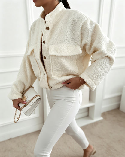Women's Stand Collar Fleece Lined Teddy Jacket Loose Button Down Flap Pocket Sherpa Outerwear
