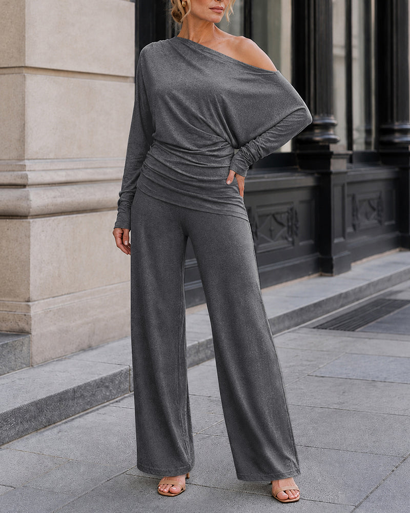Conjunto informal de 2 piezas para mujer, con top de escote asimétrico fruncido y bajo asimétrico, y pantalones de pierna ancha