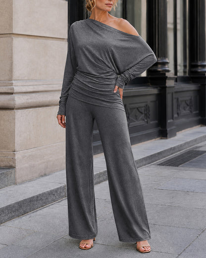 Conjunto informal de 2 piezas para mujer, con top de escote asimétrico fruncido y bajo asimétrico, y pantalones de pierna ancha