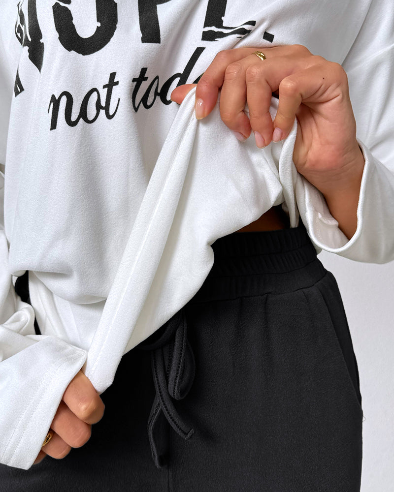 2 Pieces Outfit Nope. Not Today Slogan Print Skew Neck Long Sleeve Pullover Top And Casual Drawstring Stretchy Waist Slim Fit Pants Set