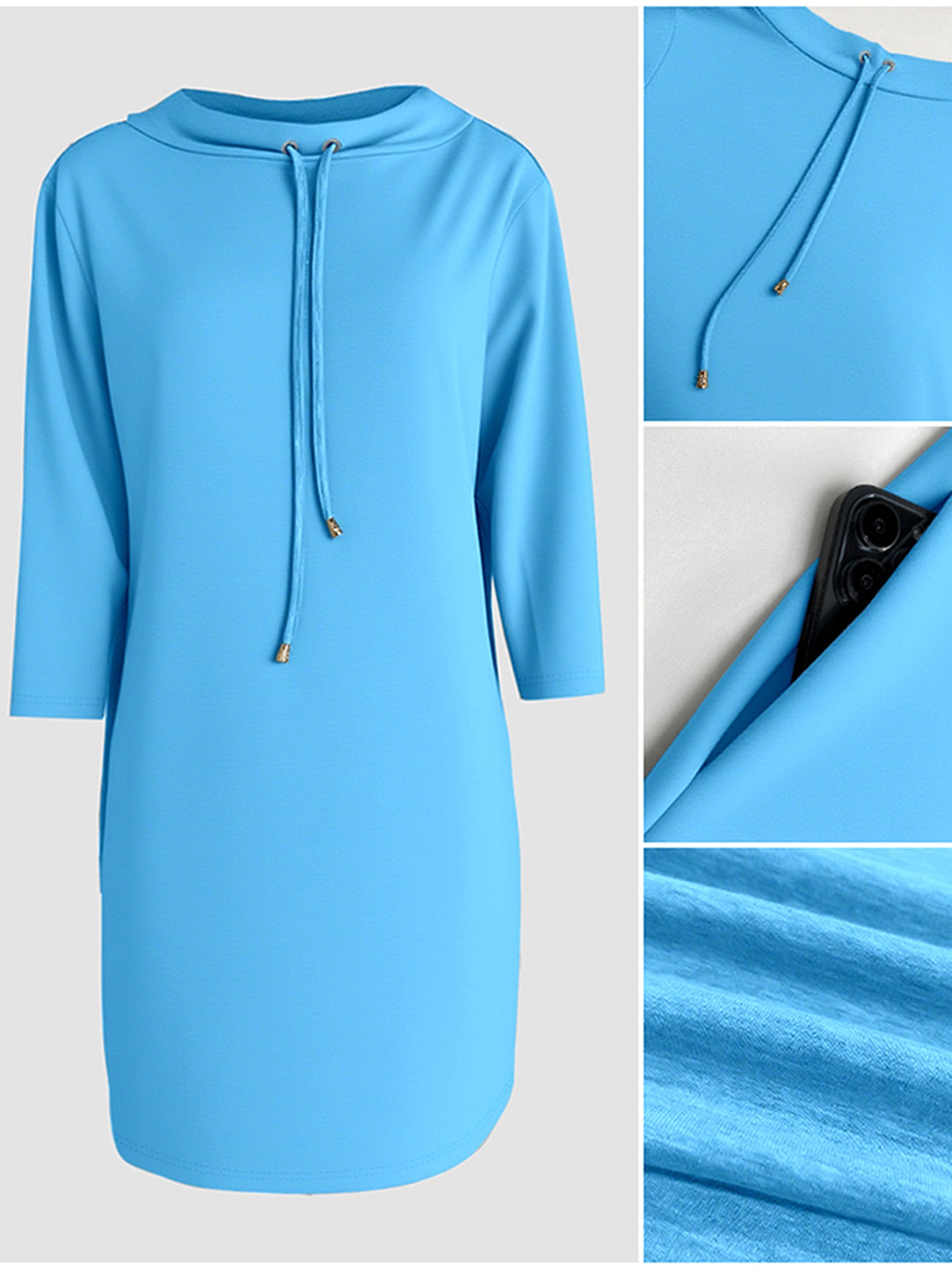 Stand Collar Drawstring Three Quarters Sleeve Casual Sweatshirt Dress
