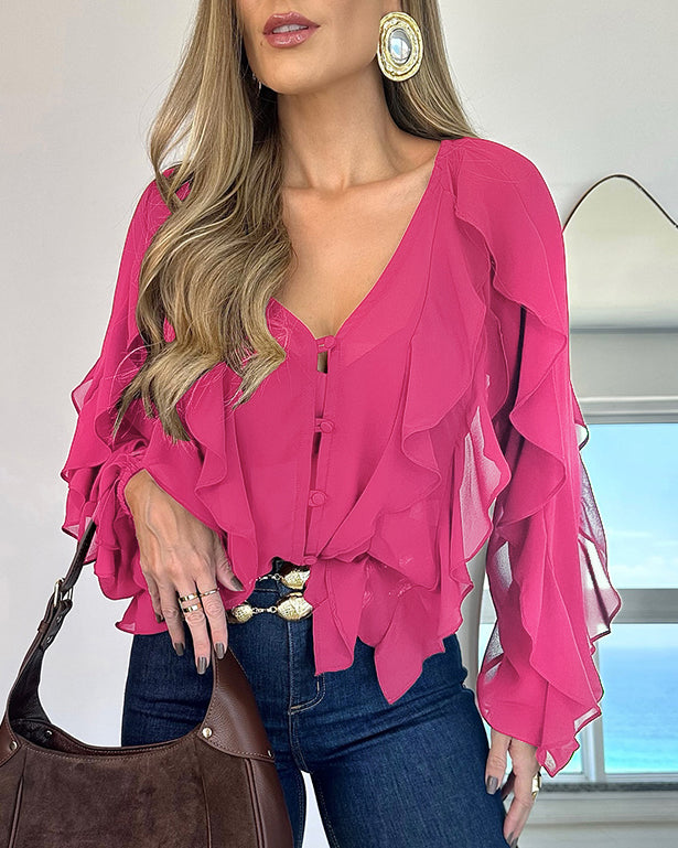 V Neck Shoulder Ruffles Design Blouse Casual Button Front Long Sleeve Top