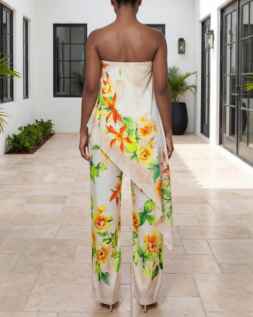 Women's Tropical Floral Jumpsuit Sexy Strapless Tube Overalls High Waisted Faux Two-Piece Jumpsuits with Detachable Clear Straps