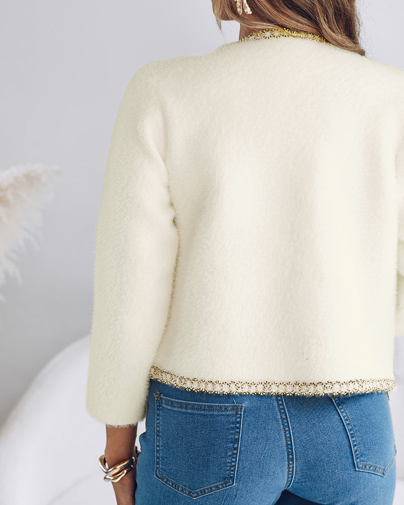 Pearl Button Front Contrast Trim Fluffy Cardigan Elegant Flap Detail Coat