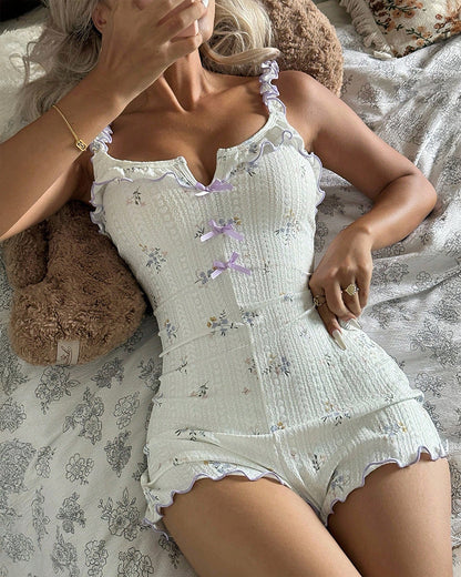 Bowknot Decor Ditsy Floral Print Ruffle Notch Neck Adjustable Spaghetti Straps Romper Frill Trim Jacquard Textured Slim Fit Onesie