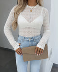 Women's Heart Jacquard Sheer Lace Top Long Sleeve Crewneck Fitted Tee with Thumb Holes