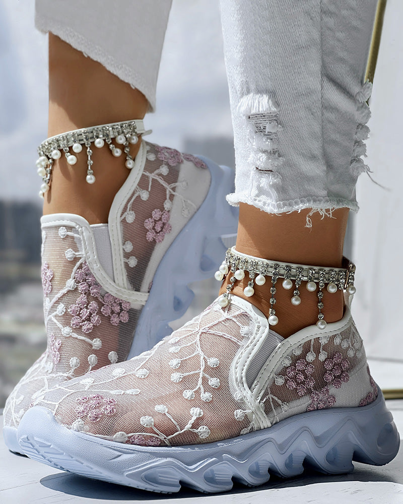 Floral Pattern Sheer Mesh Patch Round Toe Sneakers