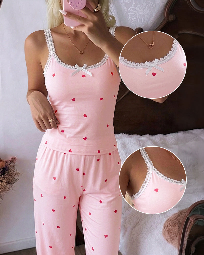 Women's 2 Piece Heart Print Pajama Set Lace Trim U-Neck Cami Top and Pants Sweet Lounge Set with Pockets