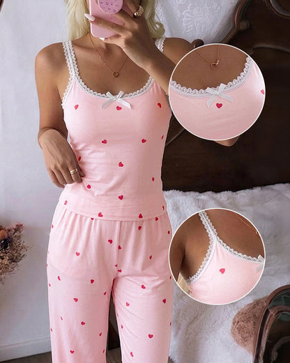 Women's 2 Piece Heart Print Pajama Set Lace Trim U-Neck Cami Top and Pants Sweet Lounge Set with Pockets