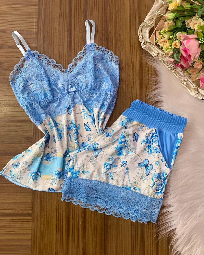 CHICME Women's Butterfly Floral Print Pajama Set Lace Spliced V-Neck Cami Top and Elastic Waist Shorts 2-Piece Sleepwear Set with Adjustable Straps