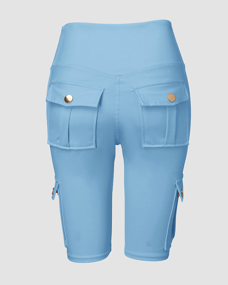 Tummy Control Butt Lifting Active Shorts High Waist Flap Pocket Workout Bermuda Cargo Running Shorts