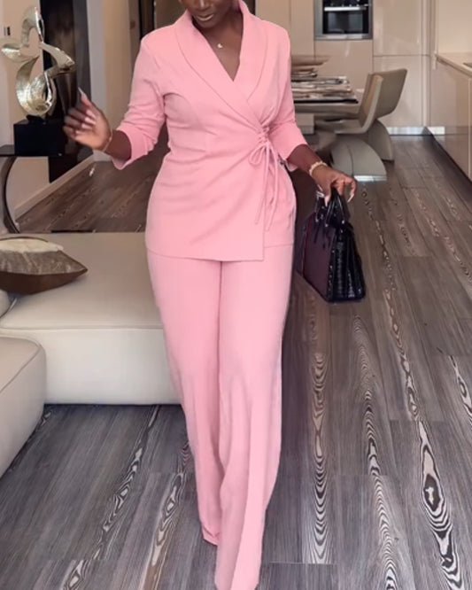2 Pieces Outfit Overlap Shawl Collar Lace-up Side Cinched Waist Coat and Elastic Back Waist Wide Leg Pants Set Casual Blazer Set