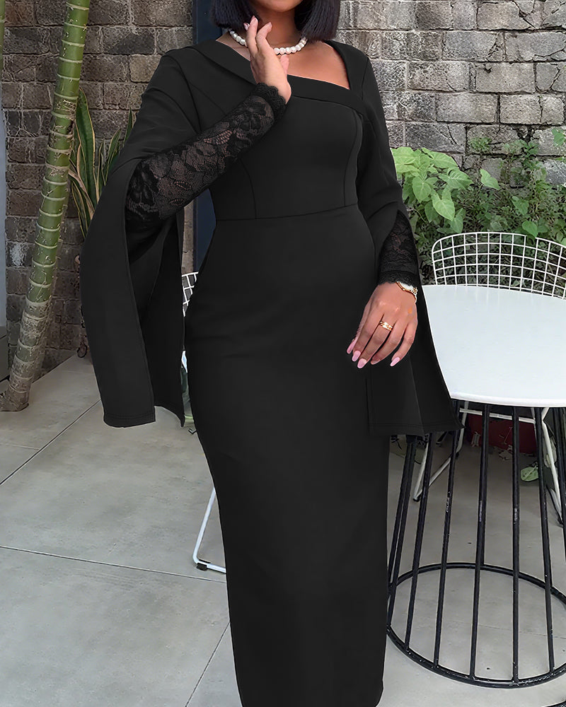 Asymmetrical Foldover Neck Lace Long Sleeve with Split Sleeve Overlay Party Dress Slim Fit Zipper Back Slit Commuting Dress