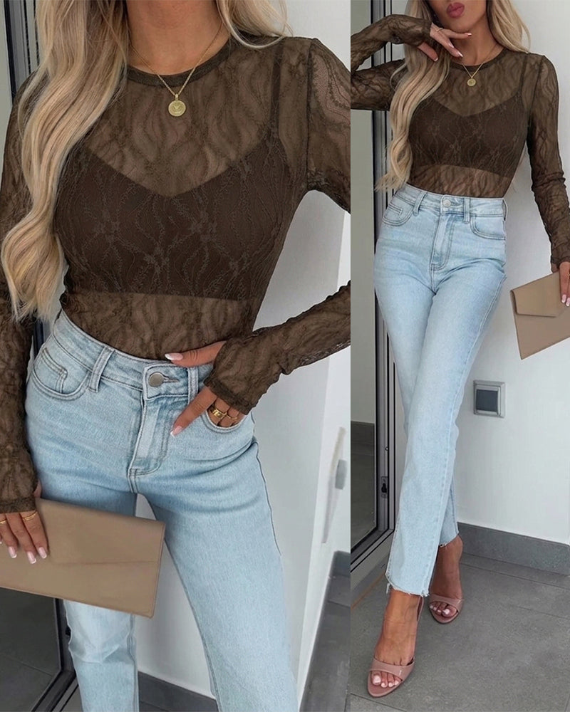 Women's Jacquard Textured Sheer Lace Long Sleeve Top Crewneck Slim Fit Tee with Thumb Holes