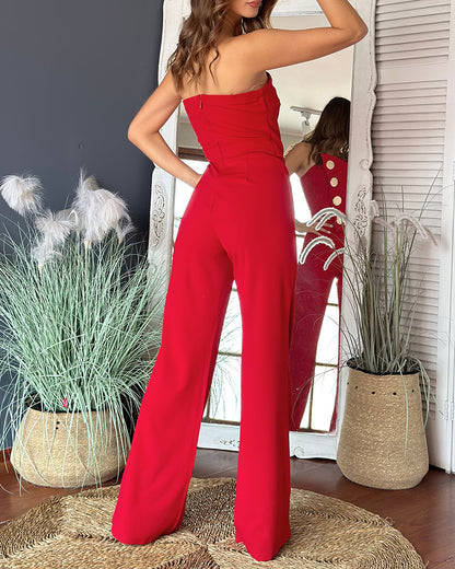 Asymmetrical Bandeau Strapless Jumpsuit Metal Button Decor Casual Overalls
