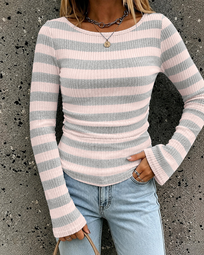 Women's Boat Neck Striped Long Flare Sleeve Ruched Knit Top
