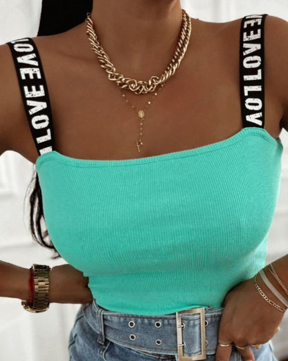 Women's Letter Strap Tank Top Ribbed Slim Fit Sleeveless Strechy Knit Cami Top