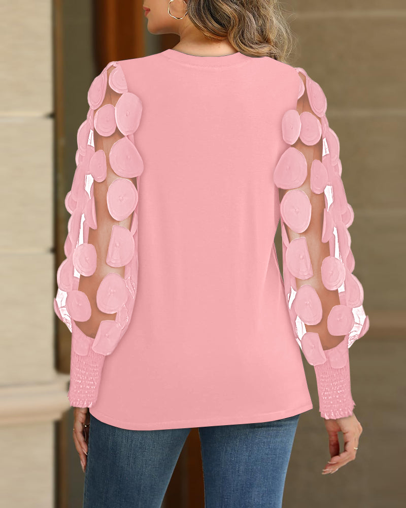 3D Polka Dot Appliques Mesh Long Sleeve Blouse Casual Shirred Cuffs Seam Front Top