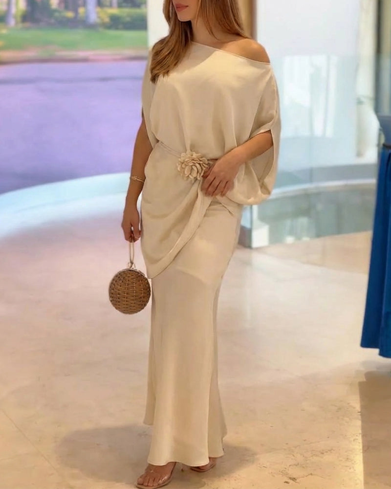 2 Pieces Outfit Skew Neck Batwing Sleeve Asymmetrical Hem Top and High Waist Zipper Side Mermaid Hem Maxi Skirt Set Elegant Satin Evening Set with 3D Flower Decor Belt