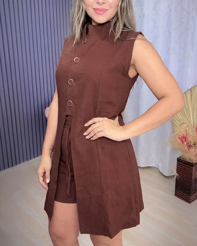 2 Pieces Outfit Stand Collar Sleeveless Button Front Side Slit Asymmetrical Hem Top and Drawstring Elastic Waist Shorts Set Casual Commuting Set