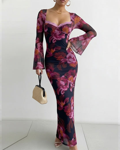 Women's Vintage Floral Mesh Dress Lace Trim Sweetheart Neck Flare Sleeve Bodycon Maxi Dress Mermaid Party Gown