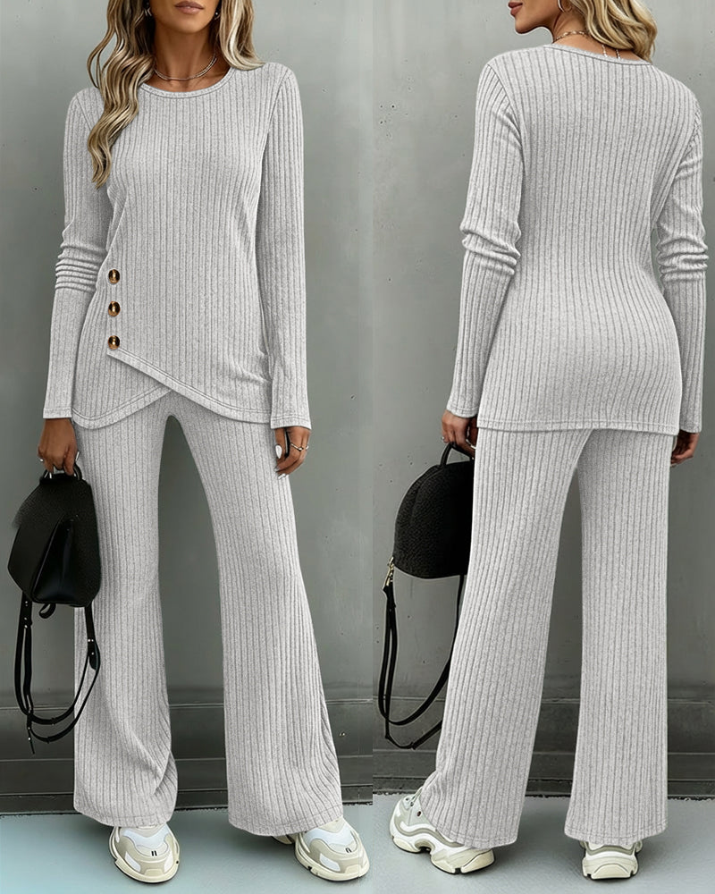 Women's Brushed Ribbed Knit 2 Piece Set Button Long Sleeve Top and Wide Leg Pants with Pockets Casual Loungewear