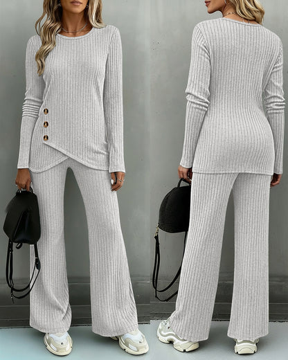 Women's Brushed Ribbed Knit 2 Piece Set Button Long Sleeve Top and Wide Leg Pants with Pockets Casual Loungewear