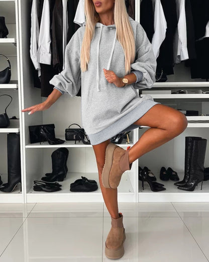 Long Sleeve Hoodie Kangaroo Pocket Drop Shoulder Casual Pullover Hooded Dress