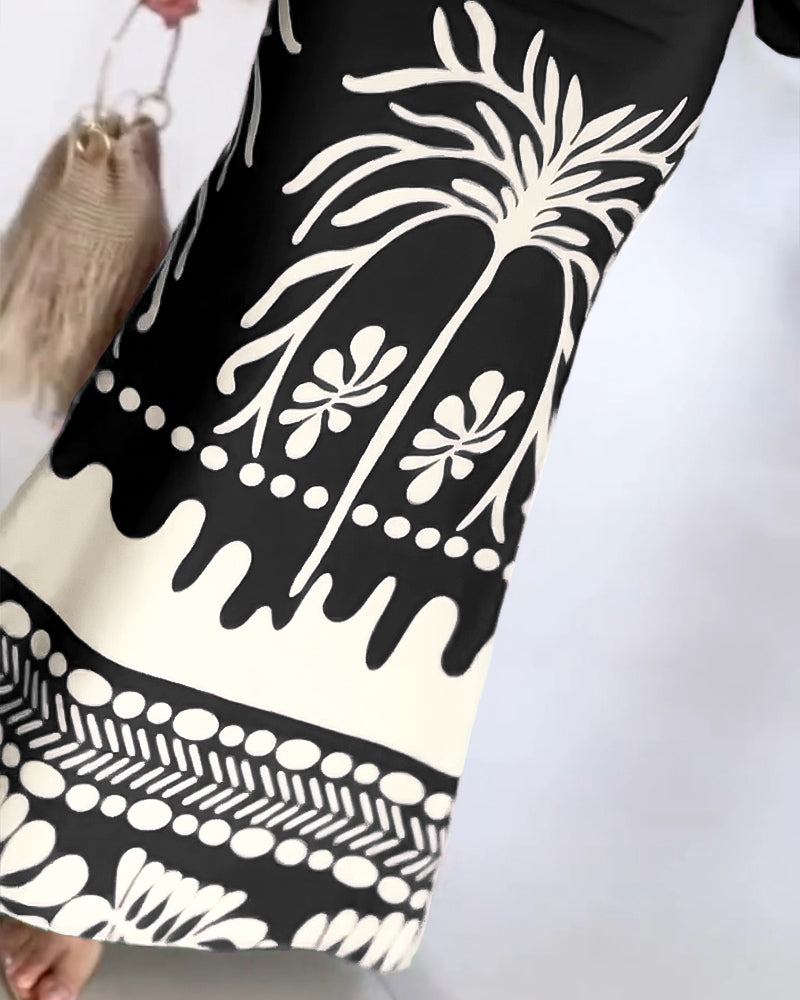 2 Pieces Outfit Tropical Print Lantern Sleeve Cold Shoulder Loose Top And Casual High Waist Fishtail Maxi Skirt Set