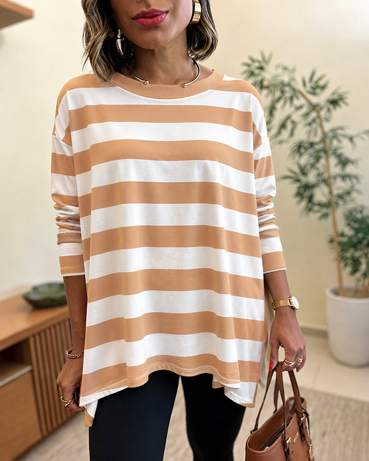 Women's Striped T Shirt Long Sleeve Drop Shoulder Crewneck Tee Side Slit Casual Loose Fit Top