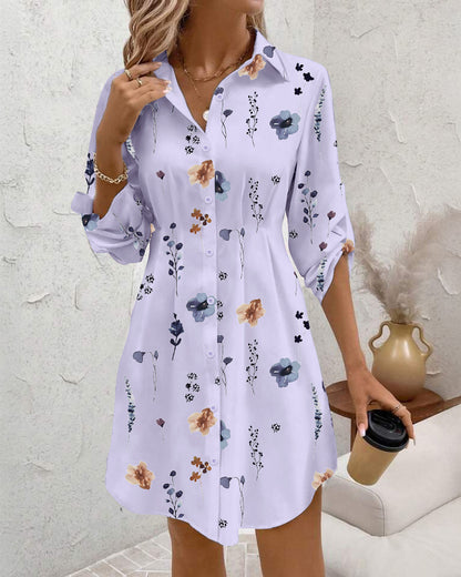 Watercolor Floral Print Turn-down Collar Turn-Up Sleeves Shirred Back Shirt Dress Casual Button Down Cinched Waist Asymmetrical Hem Vacation Dress