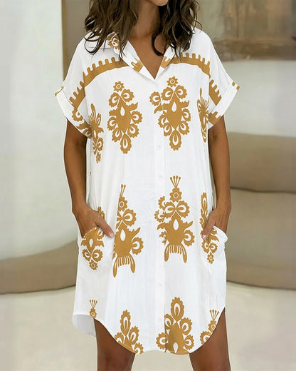 Vintage Baroque Placement Print Turn-down Collar Rolled Cuffs Button Down Shirt Dress Casual Curved Hem Vacation Dress with Pockets