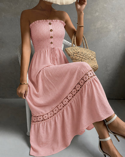 Women's Strapless Shirred Maxi Dress Lace Splice Tied Detail Frill Trim Sundress with Detachable Clear Straps